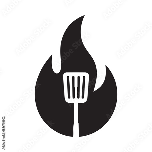 Black and white icon of a flame with a spatula inside