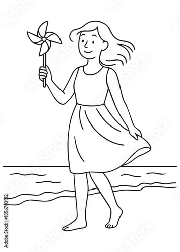 coloring book mother holding a pinwheel while enjoying ocean breeze