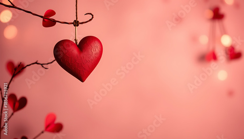 Red heart hanging from a branch against a soft pink background with blurred hearts representing love romance valentines day and emotional connection.
