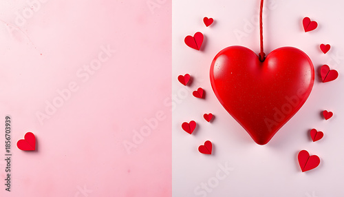 Red heart hanging on the right side with small scattered hearts on a soft pink background featuring large copy space for romantic and valentines day designs.