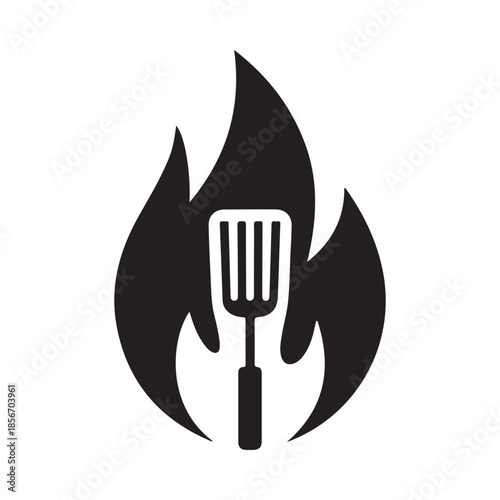 Black silhouette of a spatula over flames representing grilling and barbecue