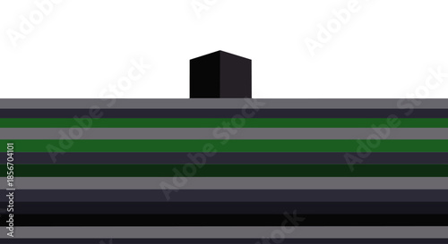 A minimalist abstract representation of a dark cube atop a layered structure with green accents against a white background.