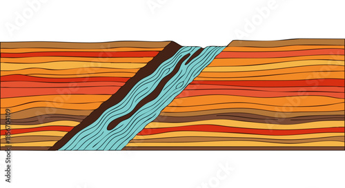 An illustrative cross-section reveals horizontal rock strata disrupted by a diagonal fault line, with a blue river flowing through the geological fracture.