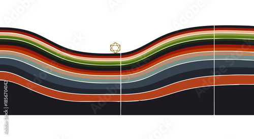 An abstract digital illustration showcases undulating colorful layers reminiscent of geological strata, highlighted by a delicate golden geometric emblem.