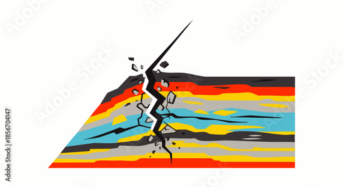 An illustrative depiction of a severe geological fracture cutting through colorful stratified earth layers, symbolizing natural disasters and environmental impact.