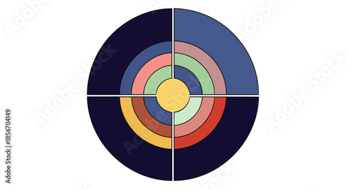 Concentric circles and geometric segments create a colorful abstract target design against a dark background.