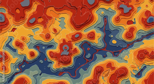 Abstract topographic map illustration with vibrant warm and cool color layers depicting elevation changes and terrain.