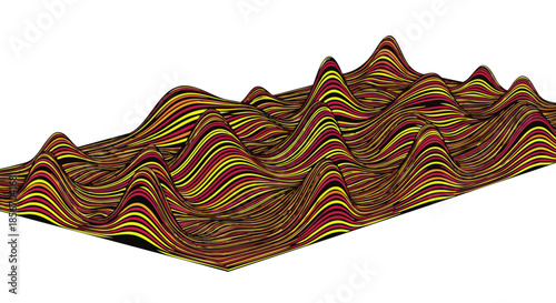 A vibrant, abstract 3D surface plot featuring undulating peaks and valleys, rendered with intricate striped patterns, visually representing complex data or a digital landscape.