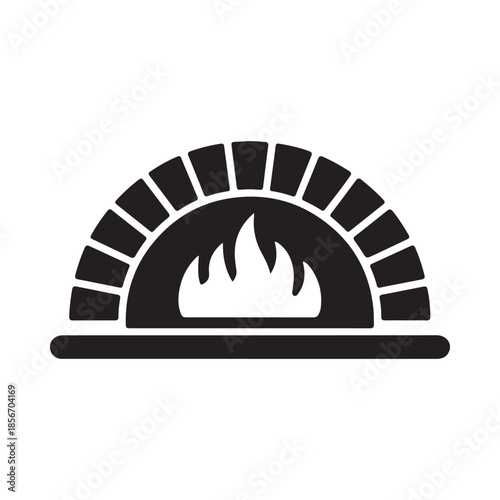 Simple black and white illustration of a traditional brick pizza oven with flames