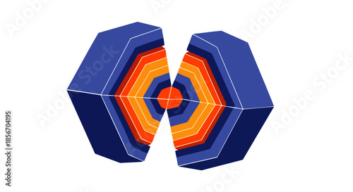 A vibrant abstract geometric design featuring two symmetrical hexagonal shapes with radiating blue, orange, and red layers, split apart on a clean white background.