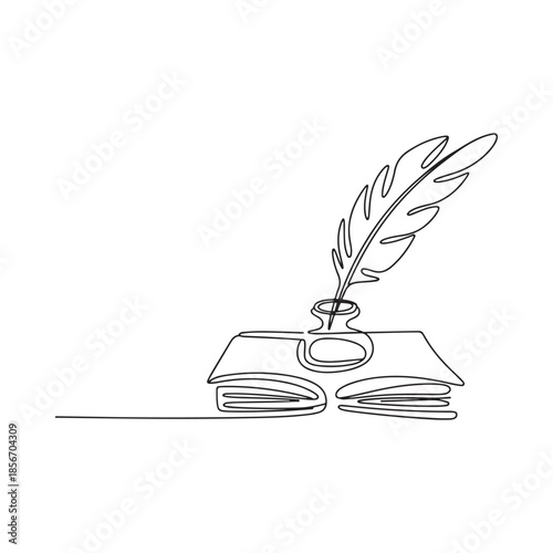 A single line drawing of an open book quill and inkwell