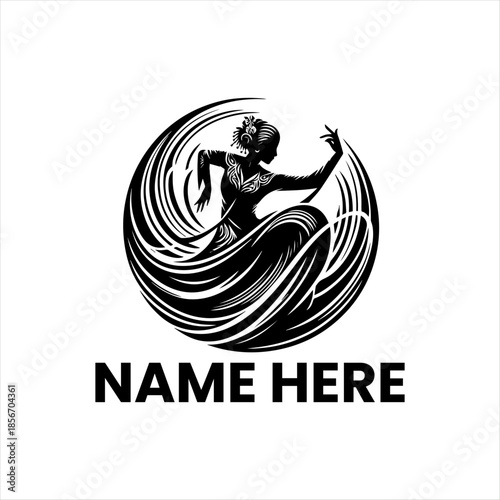 Dynamic monochrome vector logo showcasing a graceful female dancer in an expressive pose, encircled by flowing artistic brushstrokes. Ideal for branding cultural dance studios or performance arts