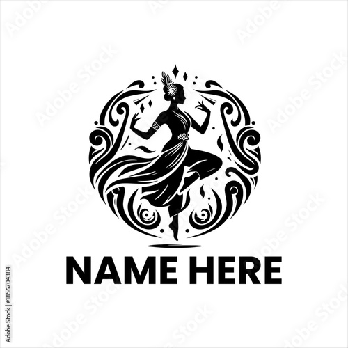 Elegant monochrome illustration of a classical dancer in a graceful pose, encircled by flowing, decorative swirl patterns.