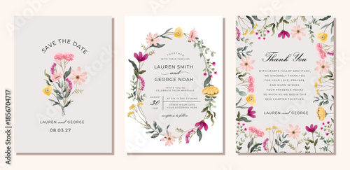 wedding invitation save the date card with pink yellow wildflower watercolor