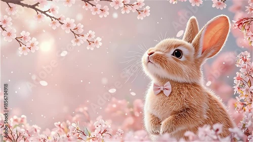 Cute rabbit bow tie surrounded pink cherry blossom flower soft dreamy spring animal pet gentle peaceful warm glowing light delicate petals