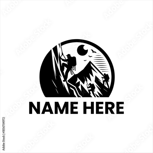 Dynamic mountain climbing logo capturing adventure, exploration, and the spirit of conquering peaks under a scenic sky, ideal for outdoor brands and expeditions
