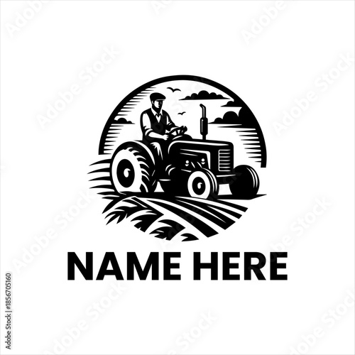 Vintage tractor driving through a field under a cloudy sky, perfect for agricultural branding and farm-related businesses