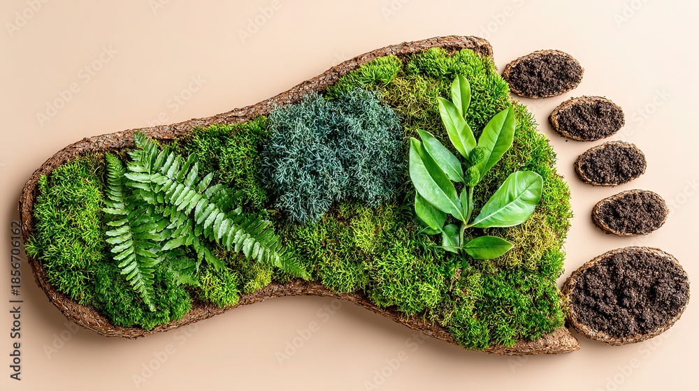Fototapeta premium High-res flat lay moss human foot on dark green, echo eco packaging ethos, center copy space for brand tagline, ideal for sustainable e-commerce or green print hero