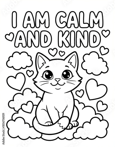 A coloring page of a charming illustration of a cute cat surrounded by clouds and hearts, emphasizing calmness and kindness. Perfect for children's materials, positivity, and mindfulness themes.