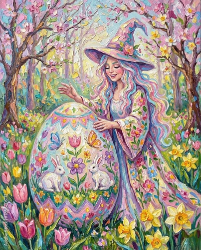 Whimsical Easter Fairy Witch with Decorative Egg in Spring Flower Garden, Fantasy Illustration