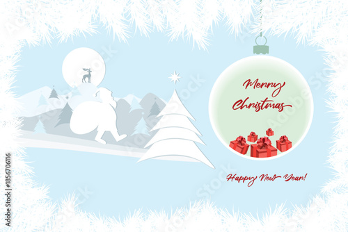 Wallpaper Mural  Christmas and New Year card. Minimalist style. New Year fir trees, snow, reindeer, mountains, moon and Santa Claus with sack of presents Torontodigital.ca