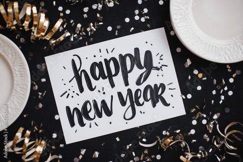 Happy New Year Calligraphy on White Card with Confetti and Party Plates