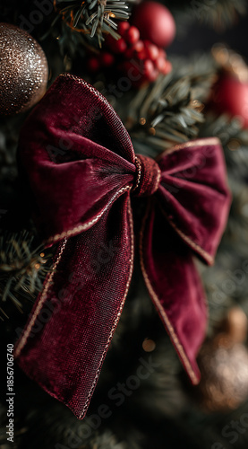 A close-up of a velvet bow on a christmas tree