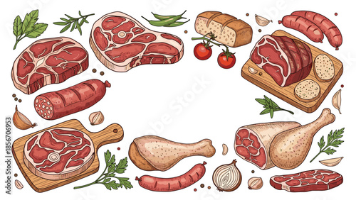 Hand-drawn frame of various raw meat products such as beef steak, chicken legs, sausages, and ham with herbs and spices.