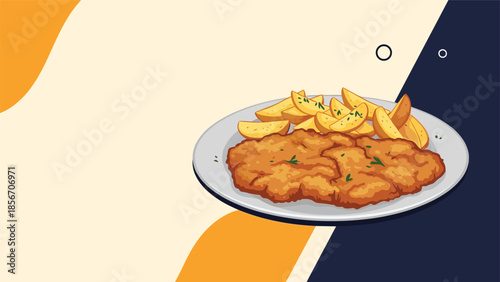 Modern banner with a delicious plate of golden-brown schnitzel and potato wedges on a stylish geometric background with copy space.