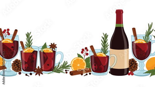 Cozy winter seamless border of mulled wine in glasses and a bottle, decorated with orange slices, cinnamon, and other spices.