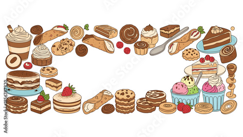 Delicious hand-drawn frame of various Italian desserts including tiramisu, cannoli, cakes, and ice cream on white background.