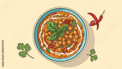 Top-down view of a flavorful bowl of chickpea curry, garnished with fresh basil and chili, on a soft beige background.