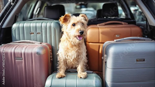Small brown terrier dog resting its paws on bright yellow suitcase in car trunk. Pet travel, summer road trips, vacation