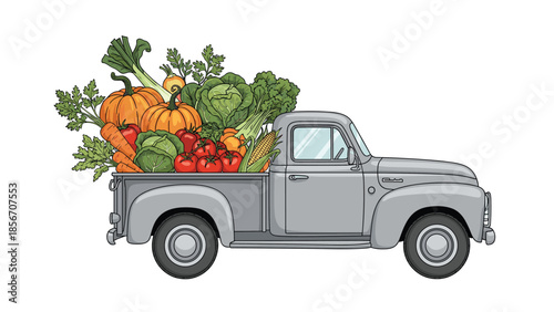 A classic gray vintage pickup truck overflowing with a bountiful and colorful harvest of fresh farm vegetables and pumpkins.