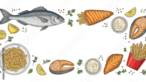 Seamless horizontal border of classic fish and chips with fresh fish, french fries, lemon, and tartar sauce illustrations.