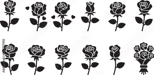 Black and white roses and bouquet silhouettes with white outlines