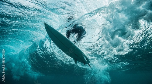 Underwater surfboard bottom view in turquoise wave barrel, ocean action photography
