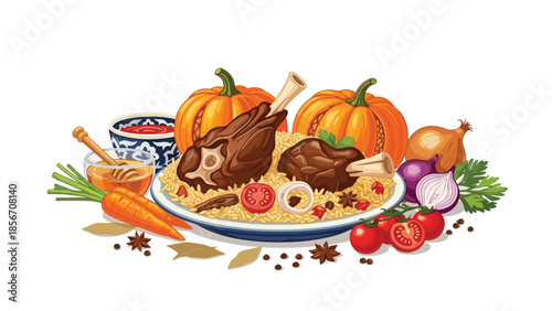 A delicious composition of a traditional Uzbek pilaf dish with lamb shanks, pumpkins, carrots, and various aromatic spices.