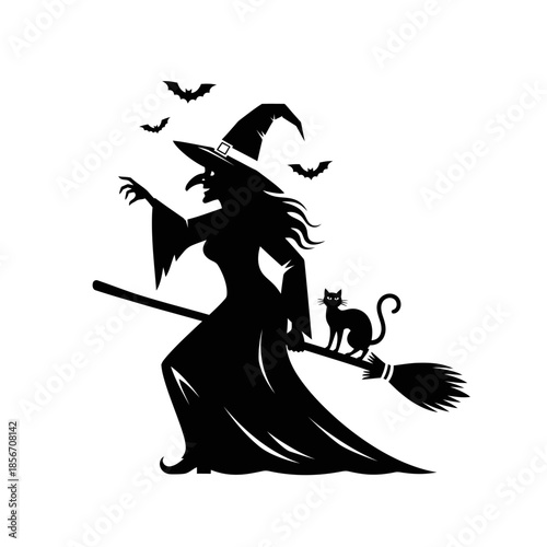 Spooky witch flying on broomstick with black cat and bats