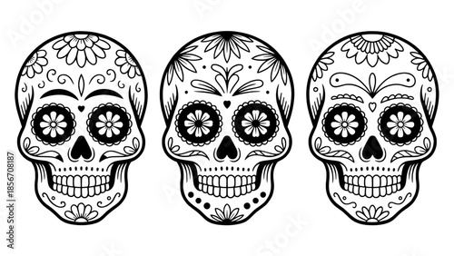Three decorative sugar skulls with floral motifs in black and white line art (SVG style)