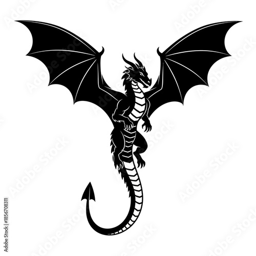 Majestic dragon with wings spread wide in black silhouette
