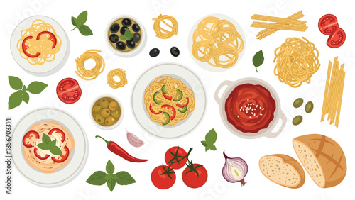 A top-down flat lay collection of Italian pasta dishes and fresh ingredients like tomatoes, basil, olives, and raw spaghetti.