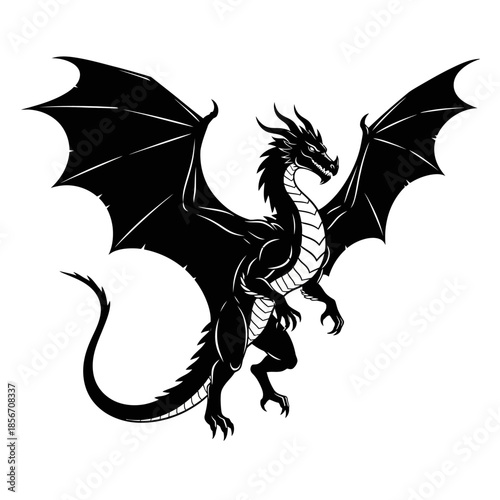 Majestic black dragon with wings spread wide in fierce stance