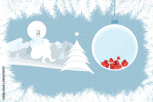Wallpaper Mural  Christmas and New Year card. New Year fir trees, snow, reindeer, mountains, moon and Santa Claus with sack of presents Torontodigital.ca