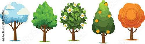 Beautiful Row of Spring Flowering Trees and Green Shrubs Garden Border Vector Illustration Isolated on White Background for Landscape Design
