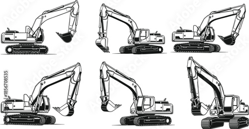 Black and white excavator silhouettes set with various heavy machinery digging poses isolated on white background for construction industrial design
