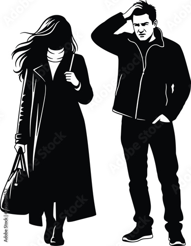Black and white illustration of a worried man and a mysterious woman walking away depicting relationship conflict stress and sadness