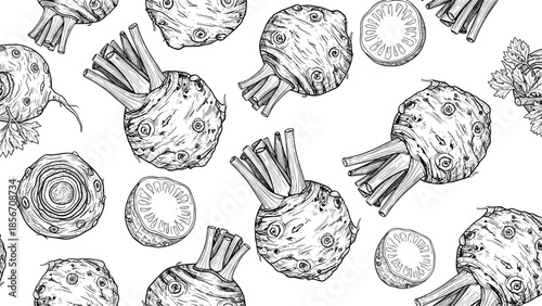 A detailed, hand-drawn seamless pattern of celery root, also known as celeriac, in a black and white sketch style.