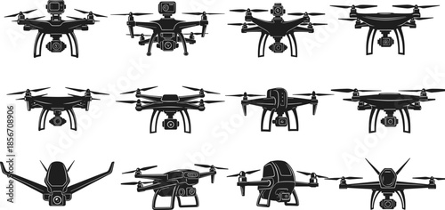 Black drone silhouettes set with quadcopters and aerial photography equipment isolated on white background for technology and surveillance design vector
