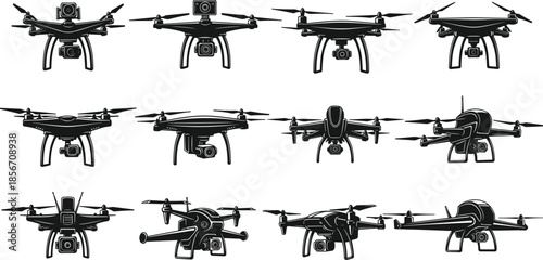 Black drone silhouettes set with various quadcopters and professional aerial photography equipment isolated on white background for modern technology design